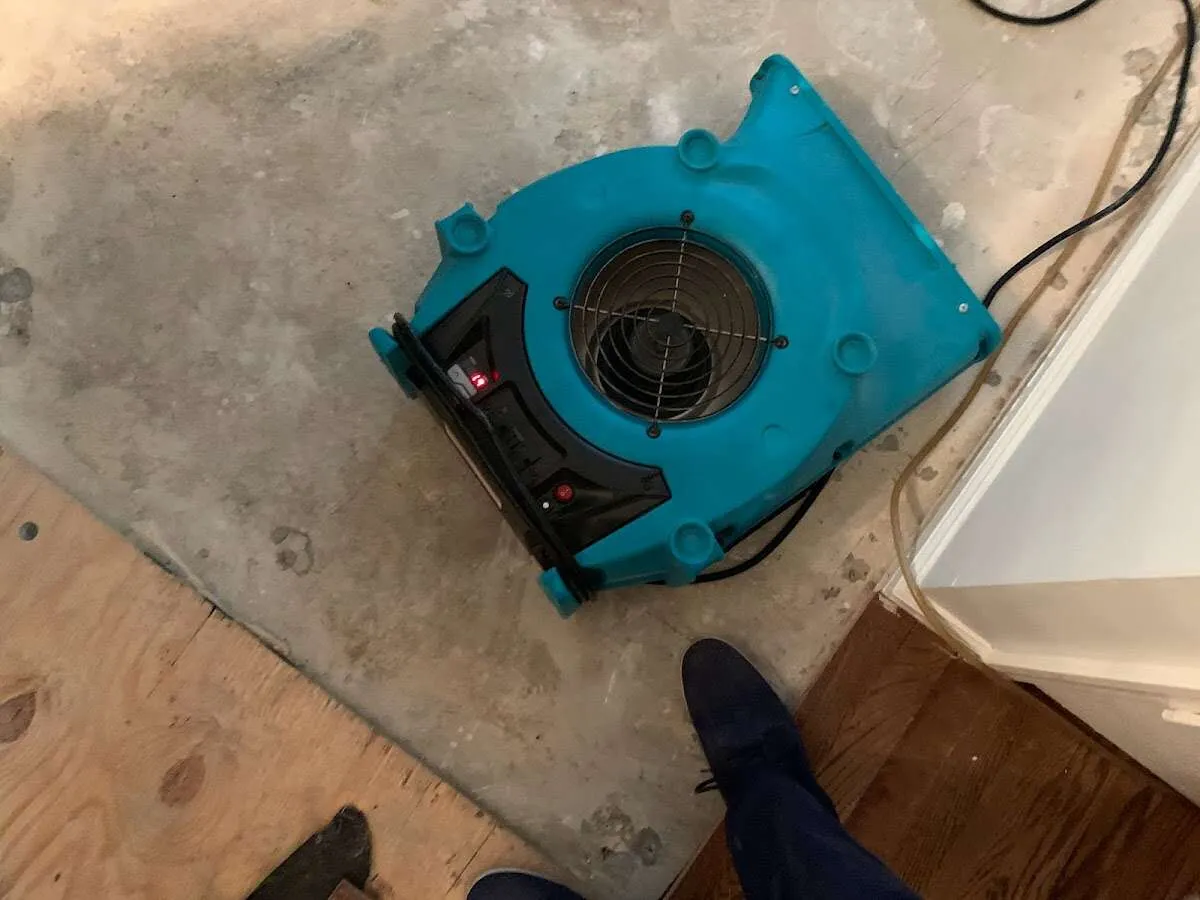 Air mover drying subfloor during Commercial Water Damage Restoration in Arvada